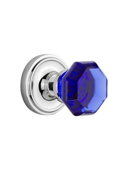 Classic Rosette Door Set with Colored Waldorf Crystal Glass Knobs Cobalt Blue in Polished Chrome.